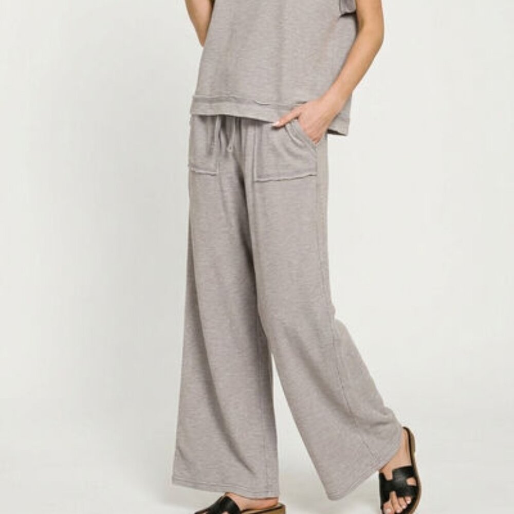 Zenana Washed Slub Short Sleeve Tee & Long Pants Set - Sleet - Picture 3 of 4